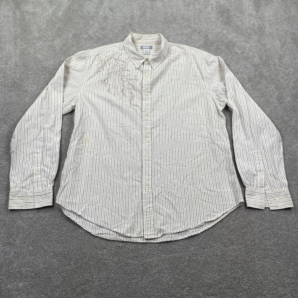 VTG Utility Men's Button Up Shirt Size XL White Brown Striped Floral Embroidered